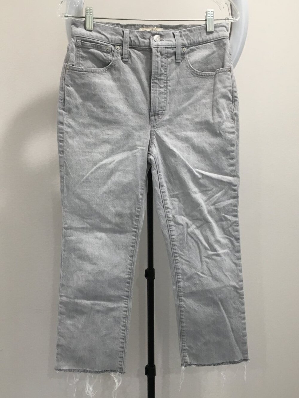 MADEWELL Light Gray Slim Demi Boot Fray Hem Logo Hardware 5 Pocket Jeans